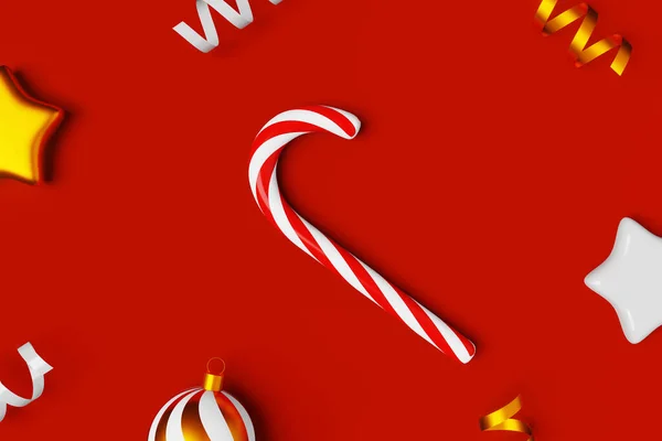 Weihnachtsschmuck Zuckerrohrkugeln Glänzende Bänder Rendering Rotem Hintergrund Weihnachtslutscher Karamellstange Festlicher — Stockfoto