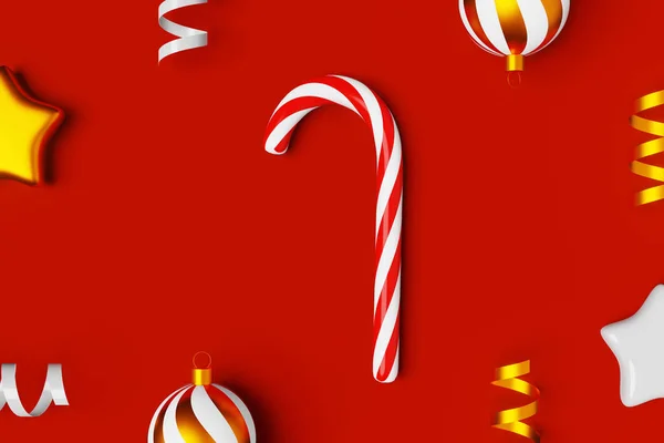 Vánoční Ozdoba Cukrové Třtiny Koule Lesklé Stuhy Vykreslování Červené Pozadí — Stock fotografie