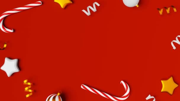 クリスマスの飾りの杖ボール光沢のあるリボン3Dアニメーションループ赤いコピースペース クリスマス潮ロリポップスティックフェスティバルクリスマス聖ニコラスデー冬の季節の装飾フラットレイアウトモーションスクリーンセーバー — ストック動画