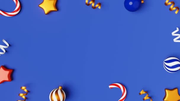 Navidad Ornamento Caramelo Bastón Bolas Brillante Cinta Animación Lazo Azul — Vídeo de stock