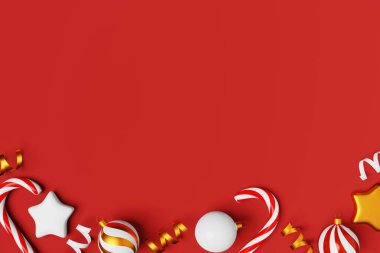 Noel süsü şeker kamışı topları 3 boyutlu parlak kurdeleler ve kırmızı arka plan. Noel lolipopu karamel çubuğu Festive Xmas uzay afişini kopyaladı. Kış tatili mevsimlik dekorasyon dairesi posteri.