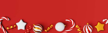 Noel süsü şeker kamışı topları 3 boyutlu parlak kurdeleler ve kırmızı arka plan. Noel lolipopu karamel çubuğu Festive Xmas uzay afişini kopyaladı. Kış tatili mevsimlik dekorasyon düz başlık yatıyordu.