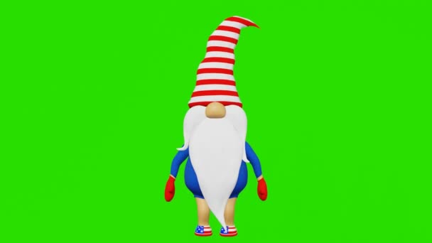 ストライプの帽子でノームを踊るアメリカ国旗アメリカ独立記念日3Dアニメーション4K 7月4日の祝日のお祝いのスクリーンセーバー アメリカの愛国的象徴を飛び越えるかわいい北欧のキャラクター — ストック動画