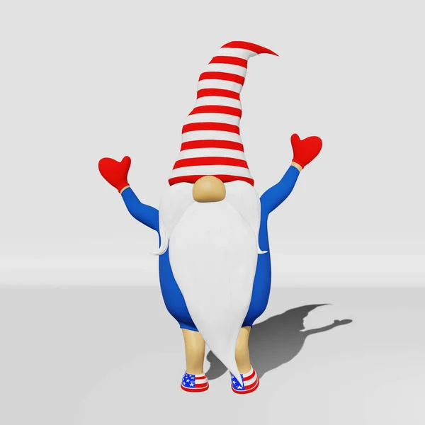 美国独立日侏儒条纹帽3D渲染 7月4日美国国旗节日贺卡喜庆派对横幅设计滑稽丑闻美国爱国象征 — 图库照片