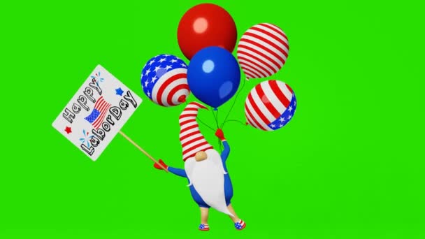 美国劳动节侏儒帽与标志气球3D动画循环 国工日美国国旗节庆晚会救星设计斯堪的纳维亚文字美国劳动者爱国心象征 — 图库视频影像