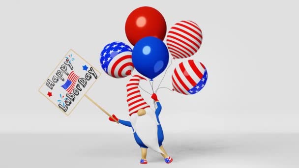 United States Labor Day Gnome Kapeluszu Balonami Reklamowymi Pętla Animacji — Wideo stockowe