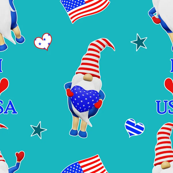 Dzień Niepodległości Stanów Zjednoczonych Gnome Paski Kapelusz Bezszwowy Wzór Lipca — Zdjęcie stockowe