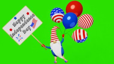 Birleşik Devletler Bağımsızlık Günü cüce şapka tabelası balonları 3 boyutlu animasyon döngüsü. 4 Temmuz ABD bayrağı tebrik kartı şenlik düzenleme İskandinav karakteri Amerikan vatanseverlik sembolleri