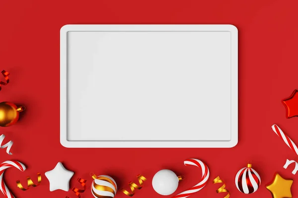 Weihnachten Fotorahmen Mockup Ornamente Zuckerrohr Glänzende Bänder Rendering Rotem Hintergrund — Stockfoto