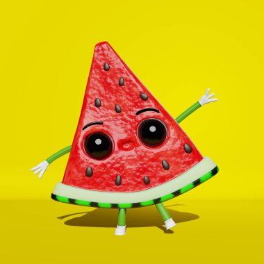 Sarı arka plan yaz tatilinde sevimli karpuz dilimleme yaratıcı 3D karakter. Gözleri bacakları olan komik sulu meyve. Çağdaş moda renkli pankart. Çocuk resimleri