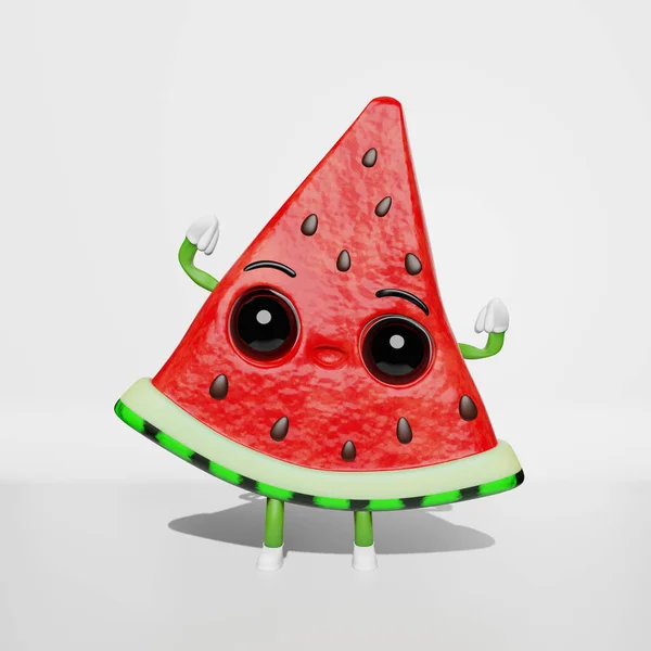 Leuke Watermeloen Plak Creatieve Karakter Witte Achtergrond Zomervakantie Grappig Vers — Stockfoto