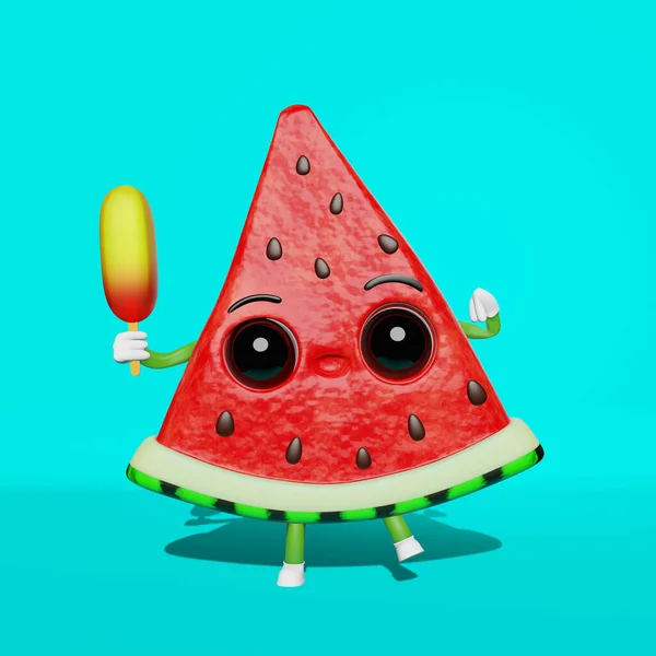 Schattige Watermeloen Slice Creatieve Karakter Ijsje Ijsje Blauwe Achtergrond Zomer — Stockfoto