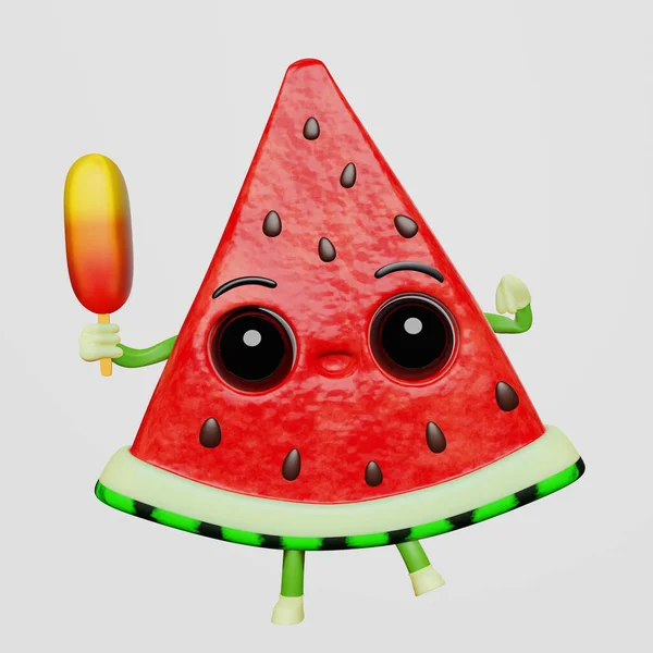 Schattige Watermeloen Plak Creatieve Karakter Ijsje Ijsje Witte Achtergrond Zomer — Stockfoto