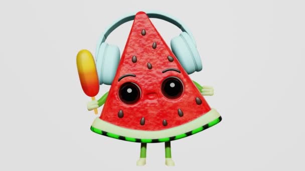 Coole Tanzende Wassermelonen Kopfhörer Hören Musik Eis Stiel Charakter Animation — Stockvideo