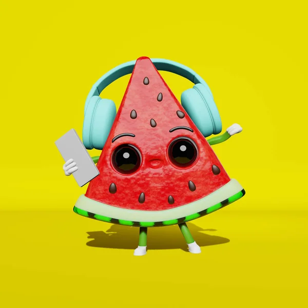 Cool Dansende Watermeloen Oortjes Luisteren Naar Muziek Ijsje Ijsje Creatieve — Stockfoto