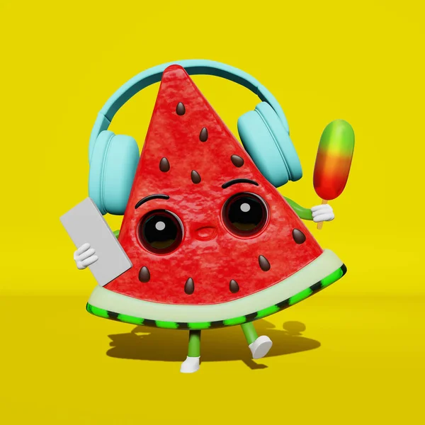 Cool Dansende Watermeloen Oortjes Luisteren Naar Muziek Ijsje Ijsje Creatieve — Stockfoto