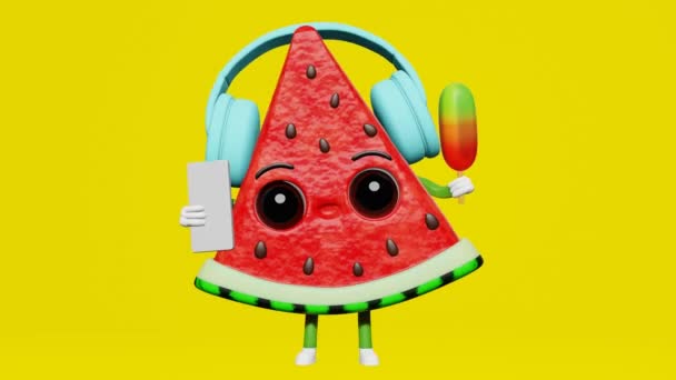 Cool Dancing Watermelon Earphones Listening Music Smartphone Ice Cream Character — Stock Video