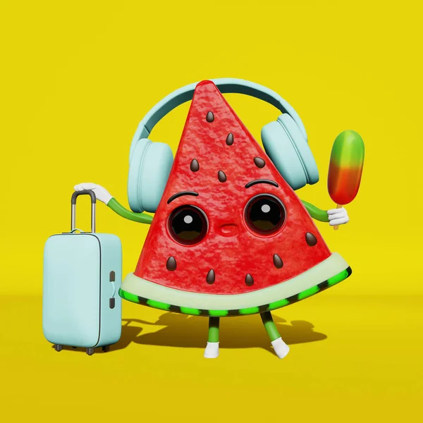 音楽スーツケースの荷物アイスクリーム創造的な3Dキャラクター漫画を聞いてイヤフォンのスイカ旅行者 夏の旅行アドベンチャーバナー 休日の楽しい空港のフライトポスター 海の旅広告 — ストック写真