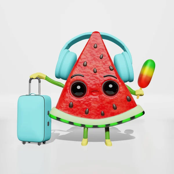 音楽スーツケースの荷物アイスクリーム創造的な3Dキャラクター漫画を聞いてイヤフォンのスイカ旅行者 夏の旅行アドベンチャーバナー 休日の楽しい空港のフライトポスター 海の旅広告 — ストック写真