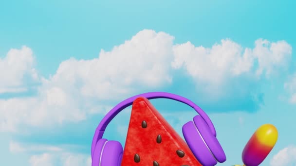 Wassermelonen Reisende Kopfhörer Fliegen Den Himmel Und Hören Musik Koffer — Stockvideo