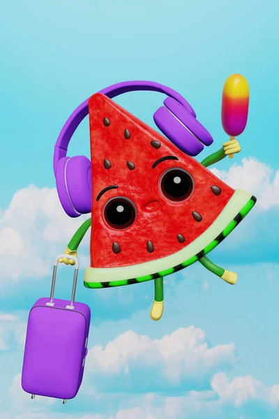 音楽スーツケースアイスクリーム創造的な3Dキャラクター漫画を聞いて空を飛んでイヤフォンでスイカの旅行者 夏の旅行アドベンチャーバナー 休日の楽しい空港の旅の広告 — ストック写真