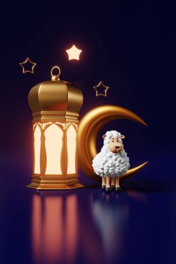 Kurban Bayramı Müslümanların dini bayramı, İslam festivali Ramazan sonu. Mum feneri parlayan ışık koyunu kurban ediyor. Hilal yıldızlar kurban ediliyor. Mavi zemin.