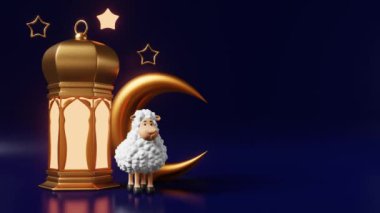 Kurban Bayramı Müslümanların dini bayramı, İslam festivali Ramazan sonu. Mum feneri parlayan ışık koyunu kurban ediyor. Hilal yıldızlar mavi zemin 3 boyutlu animasyon döngüsü grafikleri..