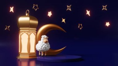 Kurban Bayramı podyumu Müslüman dini bayramı Ramazan Bayramı Ramazan Sonu. Mum feneri parlayan ışık koyunu kurban eder Hilal yıldızlar 3 boyutlu animasyon döngüsü hareketli karanlık grafikler