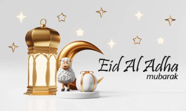 Eid al-Adha greeting gift sheep sacrifice crescent podium Feast of Sacrifice Muslim religious holiday Islamic festival Ramadan. Lantern glowing light star Eid Qurban 3d rendering greeting banner white clipart