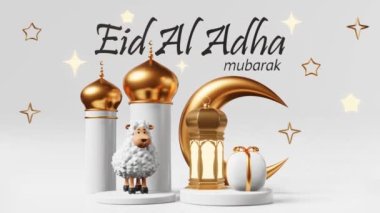 Kurban Bayramı 3D animasyon döngüsü. İslami cami koyunu hilal hediye podyumu kurban ediyor. Müslümanların Kurban Bayramı dini bayram festivali Ramazan sonu. Işık saçan fener bayramı Qurban