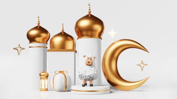 Eid Adhaダンス羊の表彰台三日月の贈り物犠牲の饗宴イスラム教の宗教的な休日イスラム教の祭りラマダーンケレム ランタン輝くライトスターEid Qban 3Dアニメーションループモーショングラフィックス — ストック動画