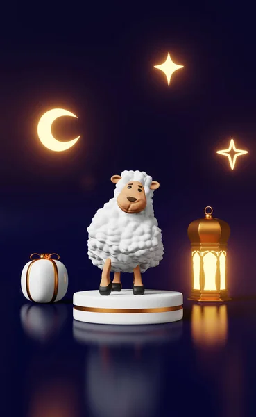 Stock image Dancing sheep podium Sacrifice Islamic holidays advertising 3d rendering Lamb Udhiya-Qurbani Ramadan, Raya Hari, Mawlid sale Muslim festival Eid al Adha Crescent Lantern Generosity Almsgiving Nobility