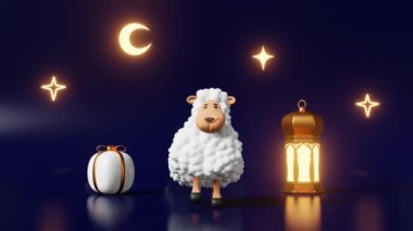 Dans eden Koyun Kurban Etme İslami bayramları 3d animasyon Lamb Udhiya-Qurbani Ramazan, Raya Hari, Mawlid indirimi. Müslüman Festivali, Kurban Bayramı Hilal Feneri Cömertliği Bağış Bağışı