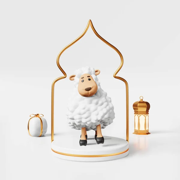 stock image Cute white sheep Islamic Udhiya-Qurbani animal sacrifice lamb 3d rendering. Eid al-Adha holiday, Ramadan Lantern, Raya Hari, Mawlid Muslim festival advertising. Generosity Almsgiving Nobility concept.