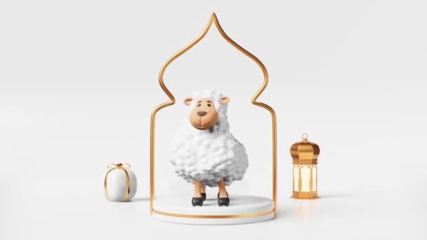 羊の表彰台を踊る犠牲イスラムの祝日広告3Dアニメーション子羊Udhiya Qurani Ramadan Raya Hari MawlidムスリムフェスティバルEid Adha Eid Fitrクレセントスターランタン寛大さチャリティー — ストック動画