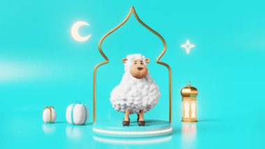Dans eden koyun podyumu İslami tatiller 3d animasyon Lamb Udhiya-Qurbani Ramazan, Raya Hari, Mawlid Müslüman festivali Kurban Bayramı Hilal Yıldızı Fenerleri Cömertliği