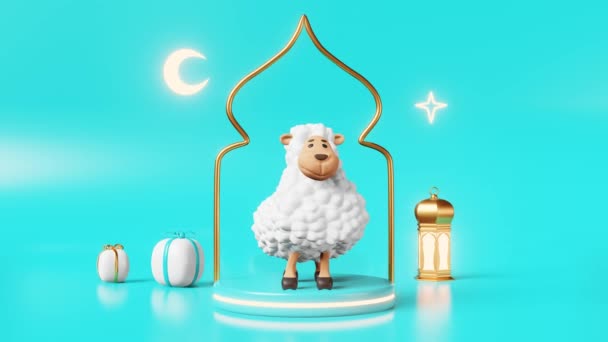 羊の表彰台を踊る犠牲イスラムの祝日広告3Dアニメーション子羊Udhiya Qurani Ramadan Raya Hari MawlidムスリムフェスティバルEid Adha Eid Fitrクレセントスターランタン寛大さチャリティー — ストック動画