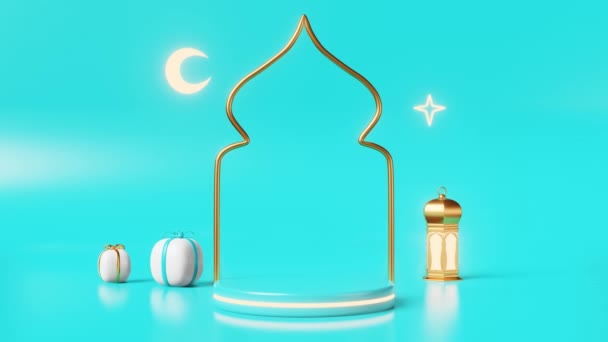 イスラムの空の表彰台シーンラマダーン製品広告3Dアニメーション Eid Adha Eid Fitr Raya Hari Mawlid販売テンプレート イスラム教徒の祝日祭のステージ モスク三日月は黄金の提灯の星を与える — ストック動画