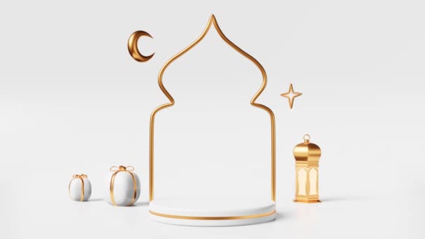 イスラムの空の表彰台シーンラマダーン製品広告3Dアニメーション Eid Adha Eid Fitr Raya Hari Mawlid販売テンプレート イスラム教徒の祝日祭のステージ モスク三日月は黄金の提灯の星を与える — ストック動画