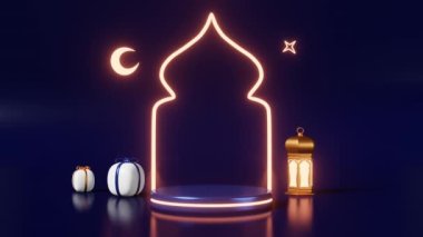 İslami podyum parlayan sahne Ramazan ürünü 3 boyutlu animasyon reklamı. Kurban Bayramı, Kurban Bayramı, Raya Hari, Mawlid satışı Müslüman bayramı festivali sahnesi camii hilal hediyeleri altın fener yıldızı