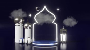 İslami Yeni Yıl 'ın ışıltılı podyum sahnesi Yeni Ay Hijri yılı tatil camii silueti 3D görüntüsü. Muharram ayı Ramazan ürün reklam şablonu. Kurban Bayramı hediyesi Müslüman festivali feneri