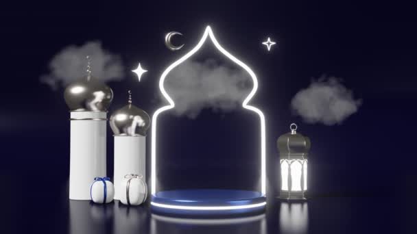 イスラムの新年輝く表彰台シーン新しい月Hijri年末の休日モスクのシルエット3Dレンダリング ムハラーム月ラマダーン商品広告テンプレート イード アダ販売ギフトムスリムフェスティバルステージランタン — ストック動画