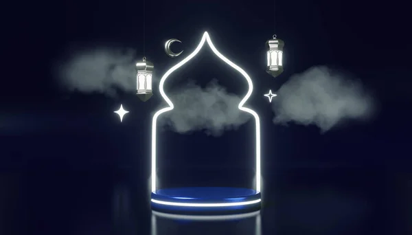 Islamic New Year glowing podium scene New lunar Hijri year holiday Mosque silhouette 3d render. Muharram month Ramadan product advertising template. Eid al Adha sale gift Muslim festival stage lantern