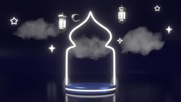 イスラムの新年輝く表彰台シーン新しい月Hijri年末の休日モスクのシルエット3Dレンダリング ムハラーム月ラマダーン商品広告テンプレート イード アダ販売ギフトムスリムフェスティバルステージランタン — ストック動画