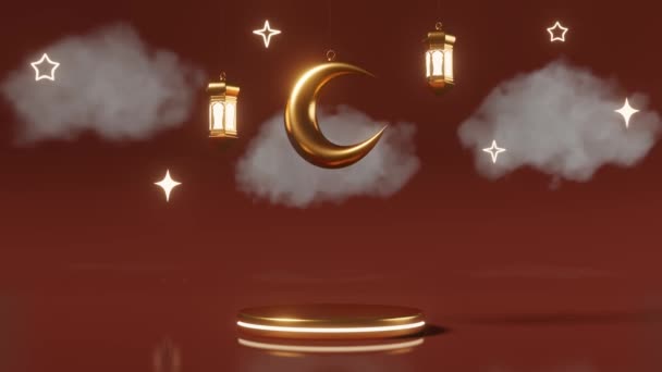 イスラムの新年の表彰台シーン三日月型のランタン雲輝く 新しい月Hijri年末年始3Dアニメーションムハラーム月ラマダーン製品広告テンプレートEid Adha販売ギフトムスリムフェスティバルステージ — ストック動画