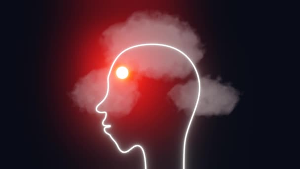 头痛偏头痛人头轮廓与云而不是脑3D动画循环4K 患有严重疼痛的病人高血压 高血压 情绪紧张 — 图库视频影像