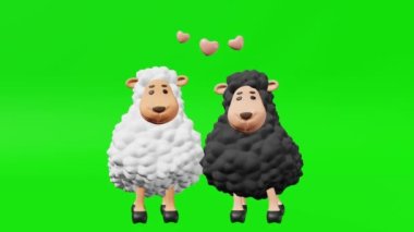 Two cute sheep friends rhythmically dance 3d animation. Friendship Day. Children party invitation Adorable funny cartoon lambs greeting footage Kids dancing music motion graphic Ewes couple Love heart