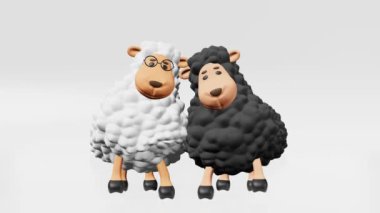 Two cute sheep friends rhythmically dance 3d animation. Friendship Day. Children party invitation Adorable funny cartoon lambs fellows greeting footage Kids dancing music motion graphic Ewes soulmates