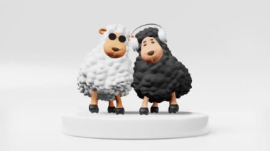 Two cool DJ sheep friends rhythmically dance playing music 3d animation. Party mood Funny cartoon lambs moving Kids songs screensaver Dancing Ewes soulmates in headphones and sunglasses motion graphic