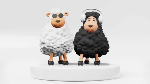 Two Cool Sheep Friends Rhythmically Dance Nod Heads Playing Music — Stockvideo